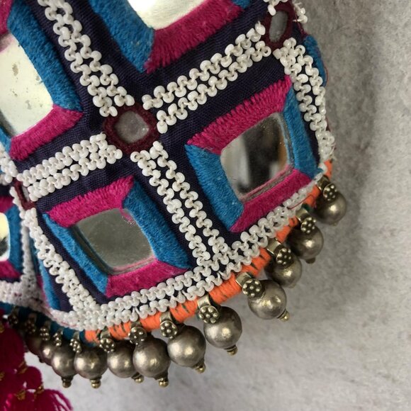 Consuela Bag Womens Blue Pink Drawstring Pouch Beaded Strap Tassel Boho Mirror - Picture 11 of 16